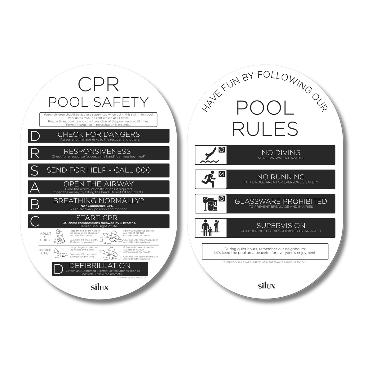 Pool Cpr Oval Double Sided - Black - CPR/Pool Rules – Silux