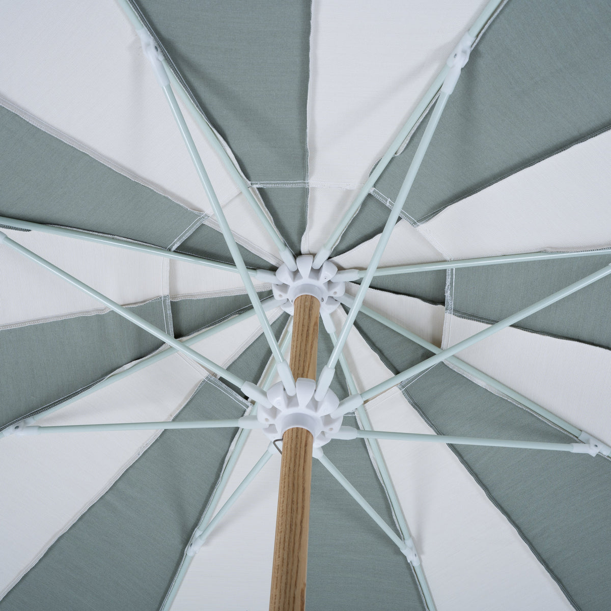Underside of the Mentari Market Umbrella in Sage, showing the ribs and centre hub