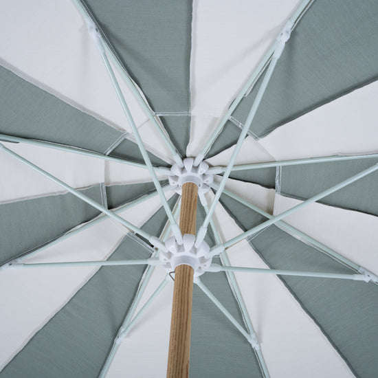 Underside of the Mentari Market Umbrella in Sage, showing the ribs and centre hub