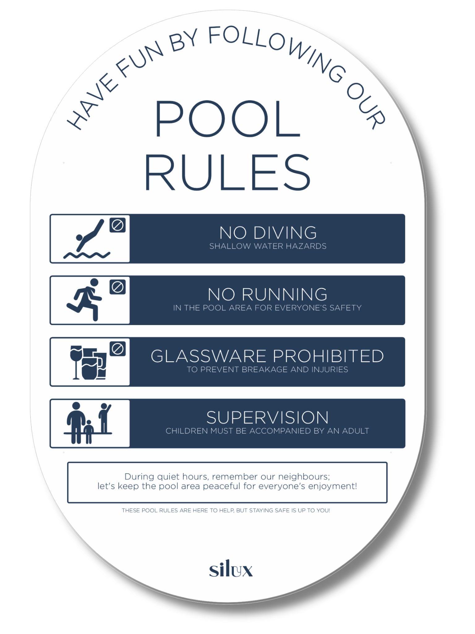 NEW - Large - Oval Pool Rules Sign - Navy