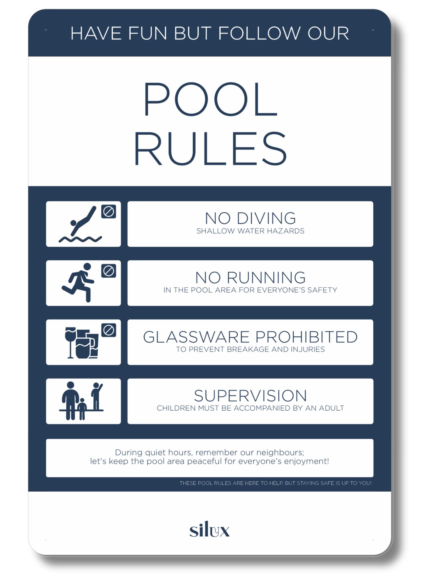 NEW - Large - Rectangle Pool Rules Sign - Navy