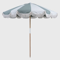 Mentari Market Umbrella in Sage and oat panels with white fringe