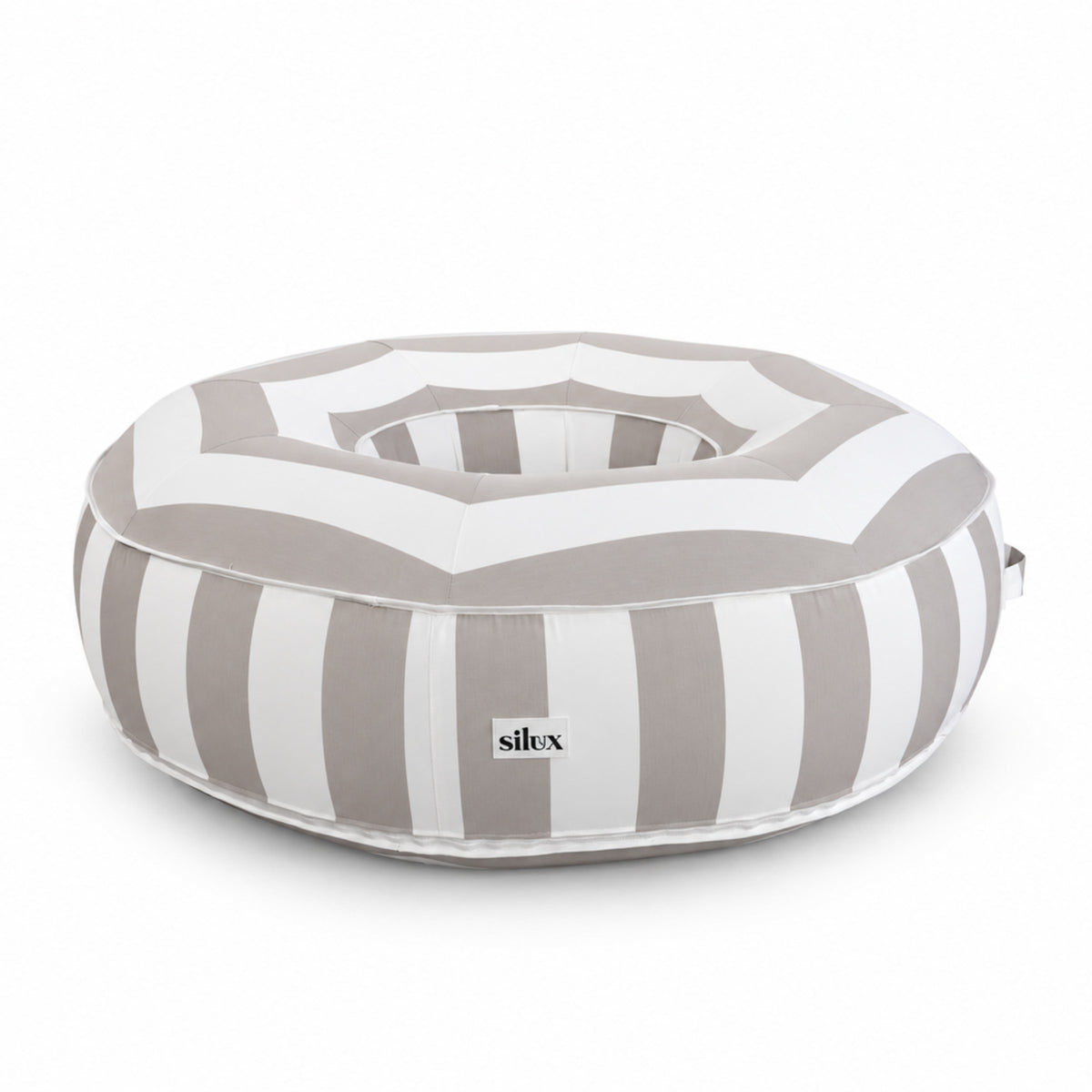 Side view of the beige and white striped Halo Float V2 with Silux tag