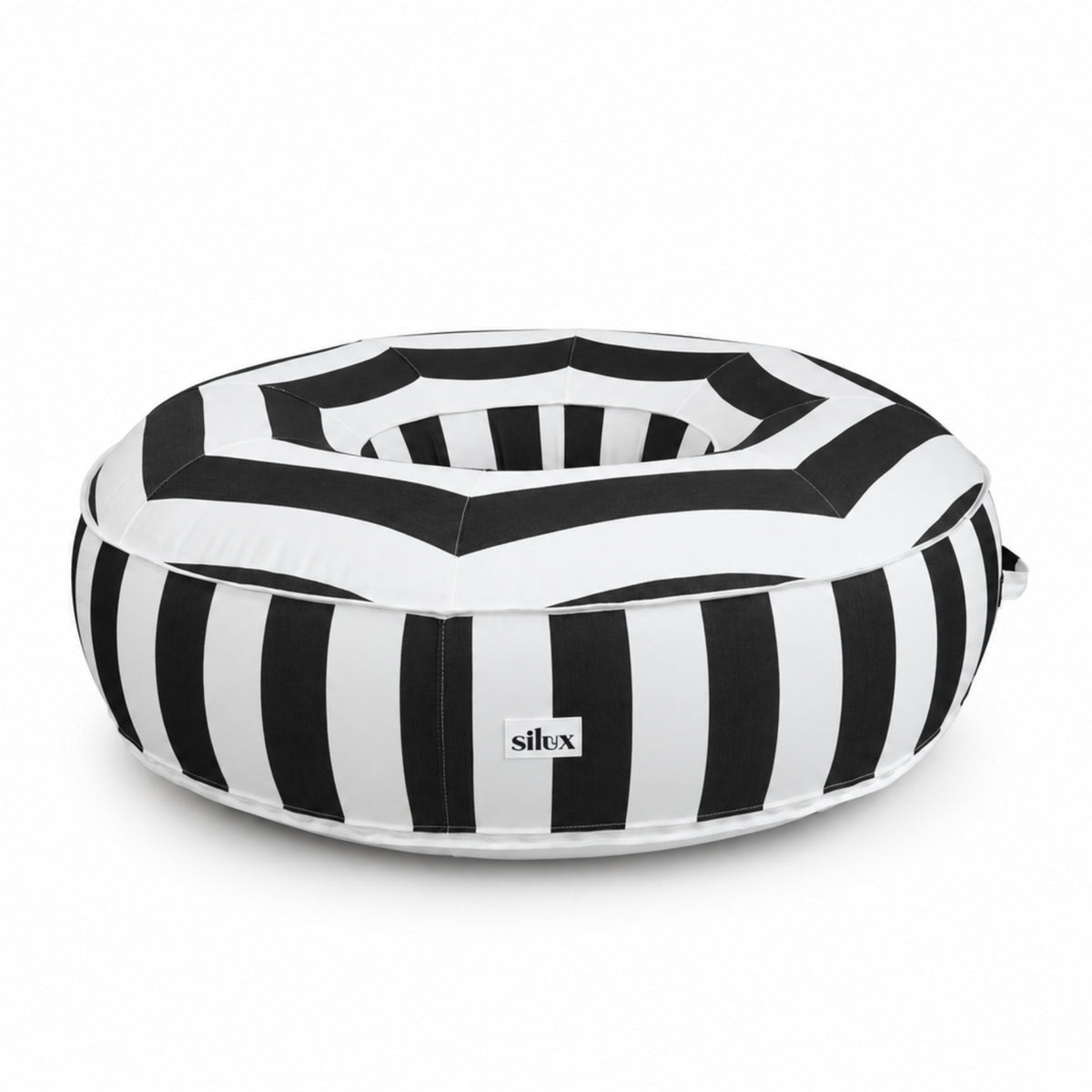 Side view of the black and white striped Halo Float V2 with Silux tag