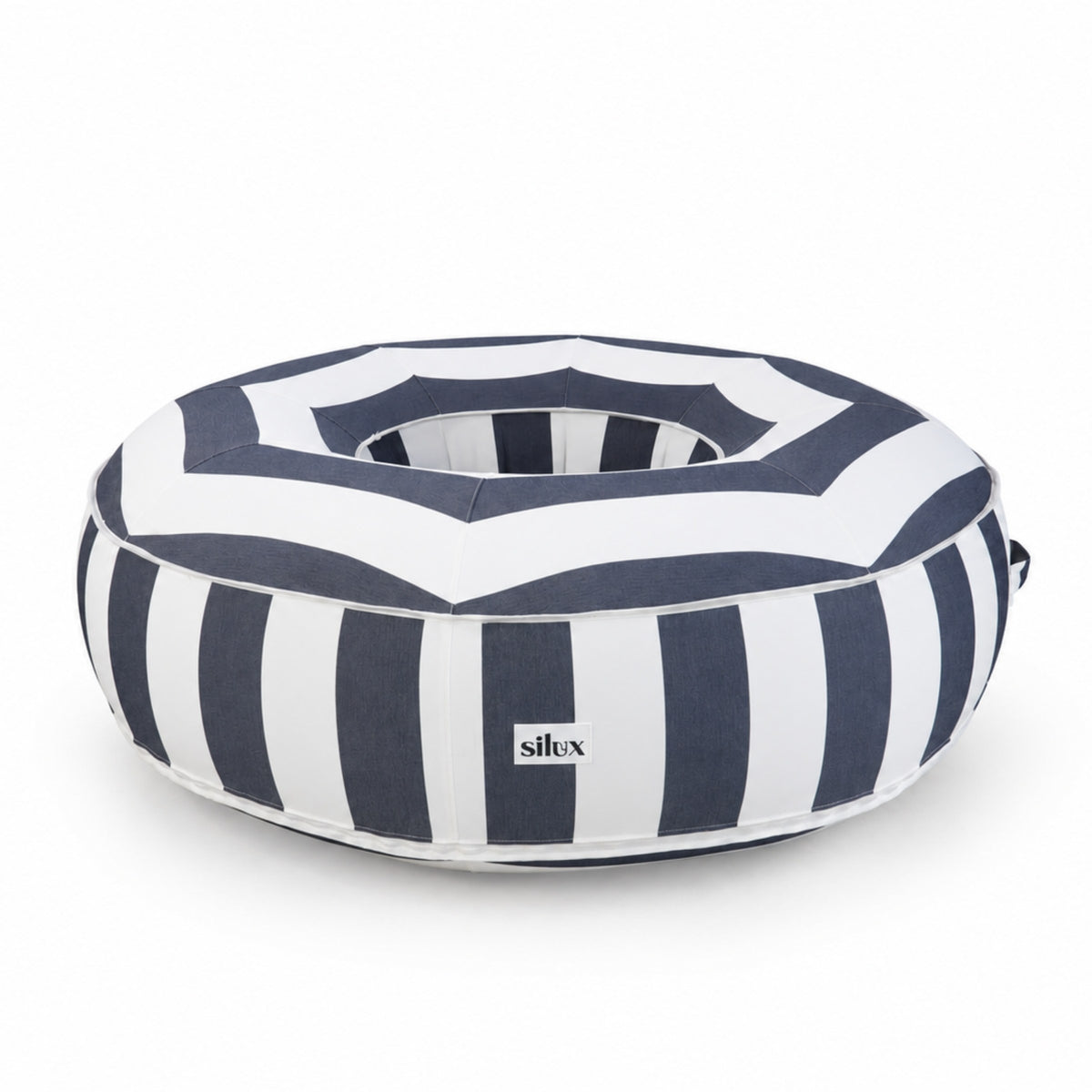 Side view of the navy and white striped Halo Float V2 with Silux tag